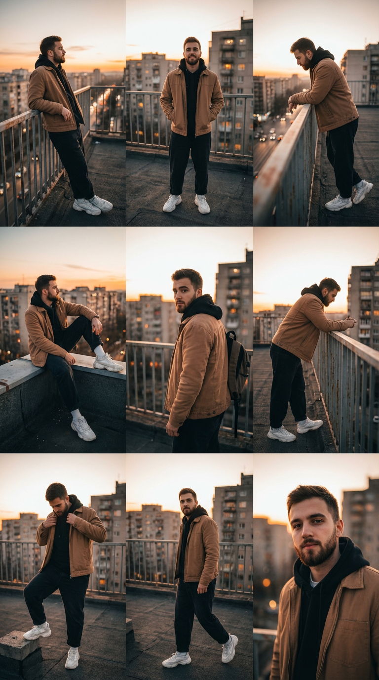 A 3 × 3 grid cinematic fashion collage of a young 